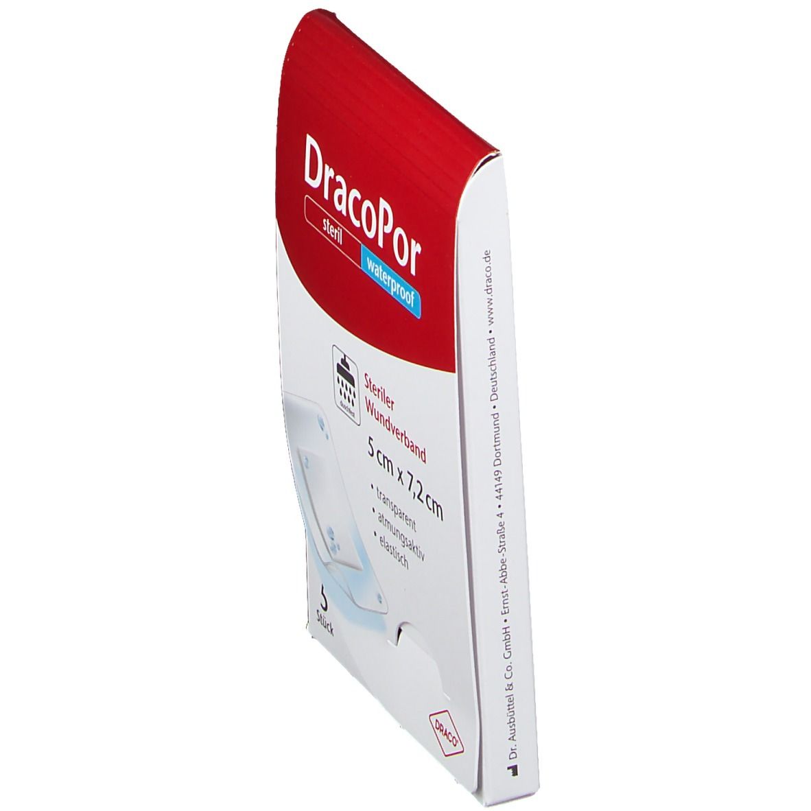 DracoPor Wundverband Verpackung. Schachtel in roter und weißer Farbe. Produktname, steril, waterproof. Seitenansicht. Logo und Kontaktdaten.