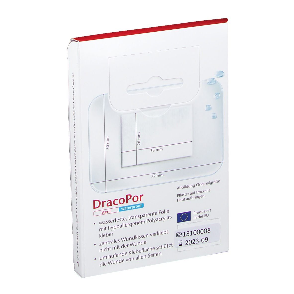 Rückseite der DracoPor Wundverband Verpackung. Produktinformationen, Abmessungen, Inhaltsstoffe. Sterile Wundauflage, 5 x 7,2 cm. EU-Siegel.