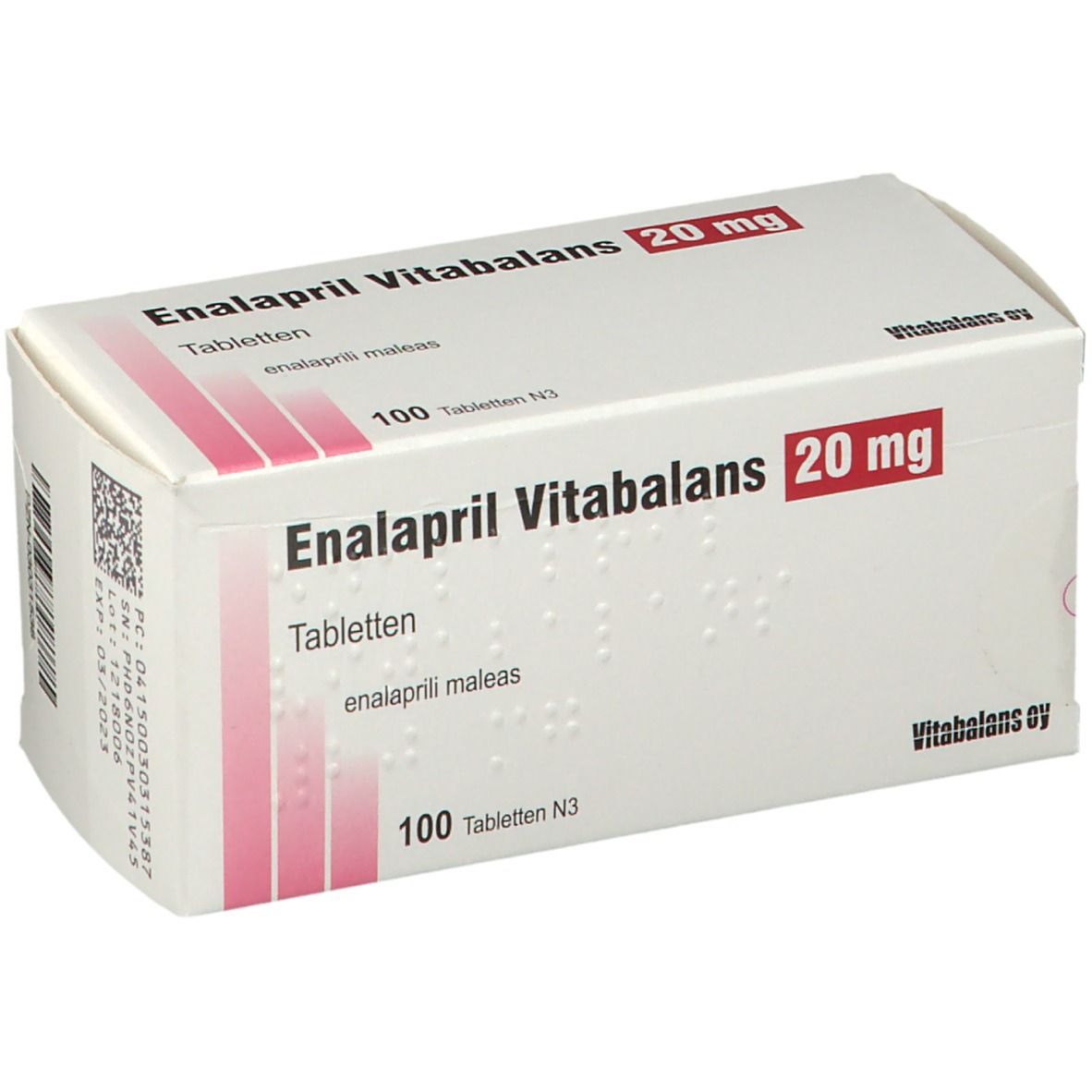Enalapril Vitabalans 20 mg Tabletten-Packung. Weiße Schachtel mit roter Schrift. 100 Tabletten. Braille-Schrift.