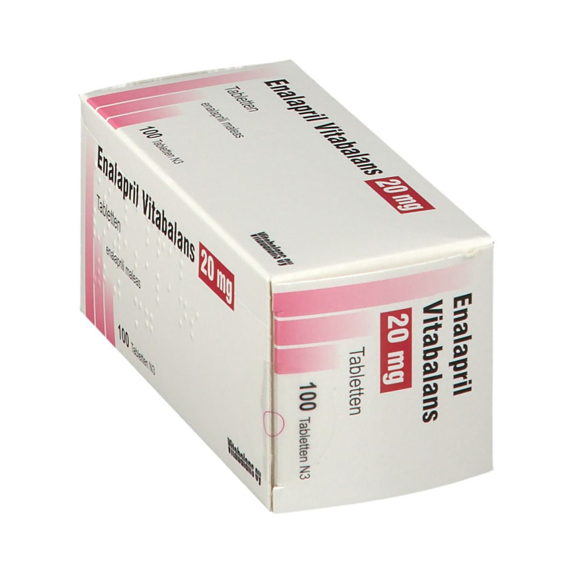 Enalapril Vitabalans 20 mg Tabletten-Packung. Weiße Schachtel mit roter Schrift. 100 Tabletten. Schrägansicht.