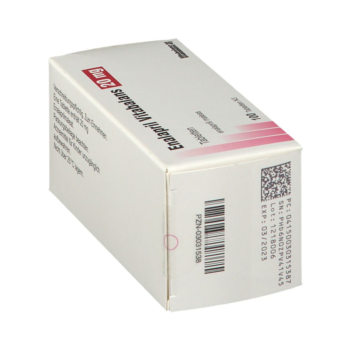 Enalapril Vitabalans 20 mg Tabletten-Packung. Weiße Schachtel mit roter Schrift. Barcode und Chargennummer.