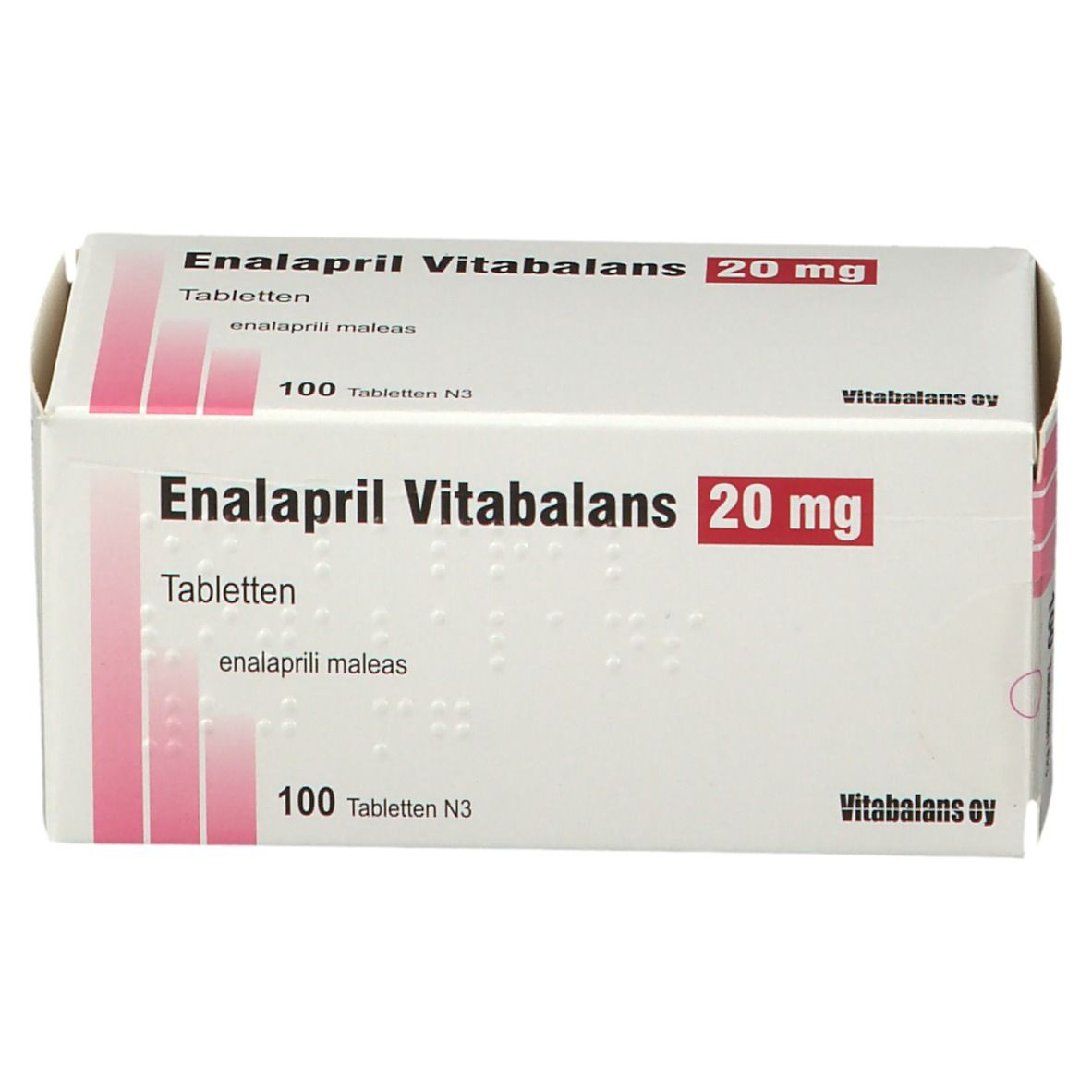 Enalapril Vitabalans 20 mg Tabletten-Packung. Weiße Schachtel mit roter Schrift. 100 Tabletten. Braille-Schrift.
