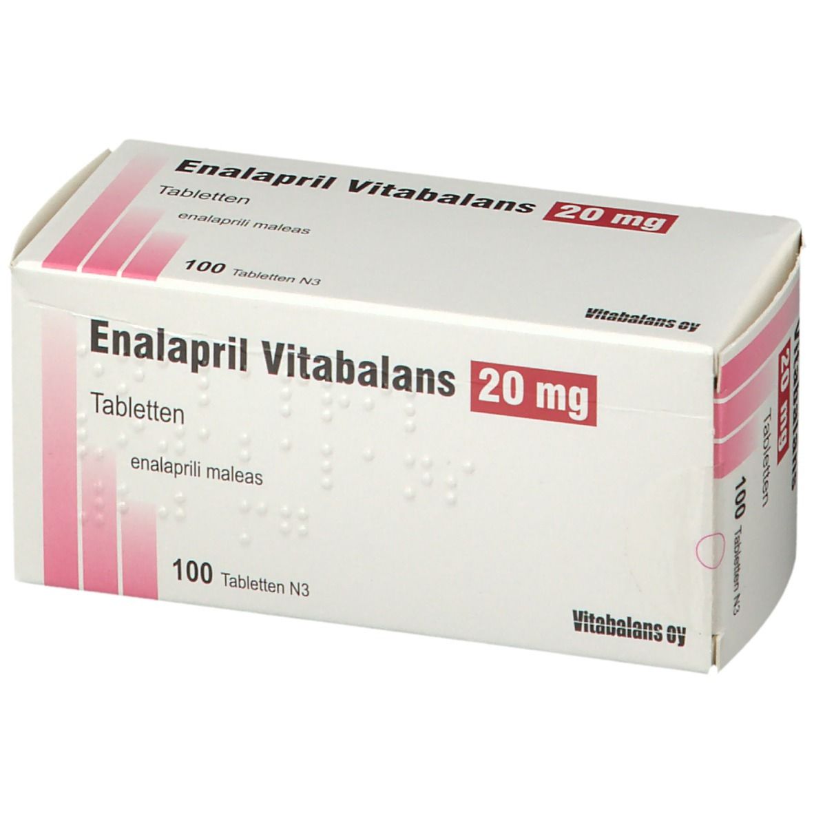 Enalapril Vitabalans 20 mg Tabletten-Packung. Weiße Schachtel mit roter Schrift. 100 Tabletten. Braille-Schrift.