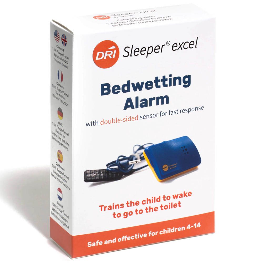 Verpackung eines Bettnässalarms mit Sensor und Kabel. Beschriftung: 'Bedwetting Alarm'.