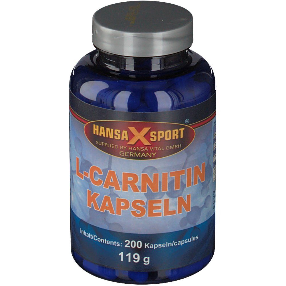 Blaue Flasche mit silbernem Deckel. Aufschrift: L-Carnitin Kapseln. Inhalt: 200 Kapseln, 119 g. Marke: Hansa X Sport.