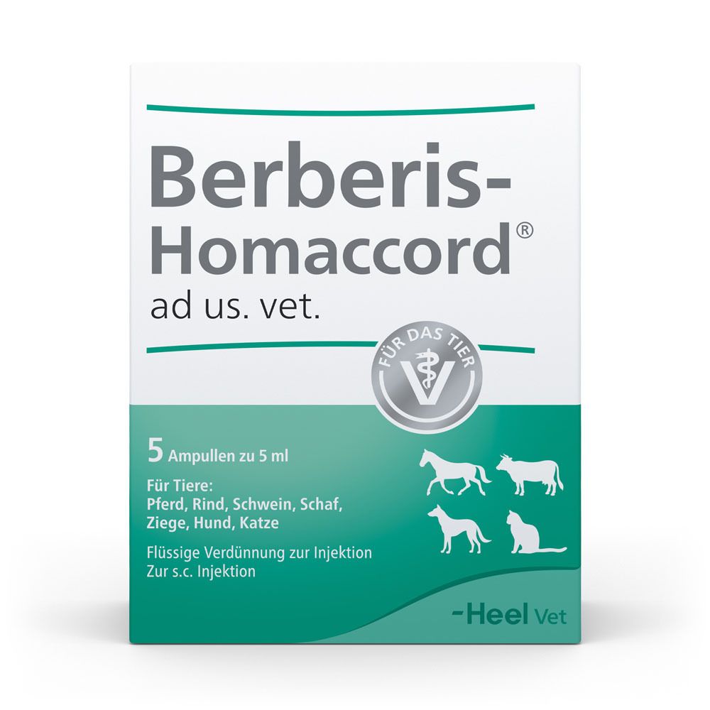 Verpackung von Berberis-Homaccord ad us. vet. mit Produktnamen, Tierabbildungen und Text. Enthält 5 Ampullen.