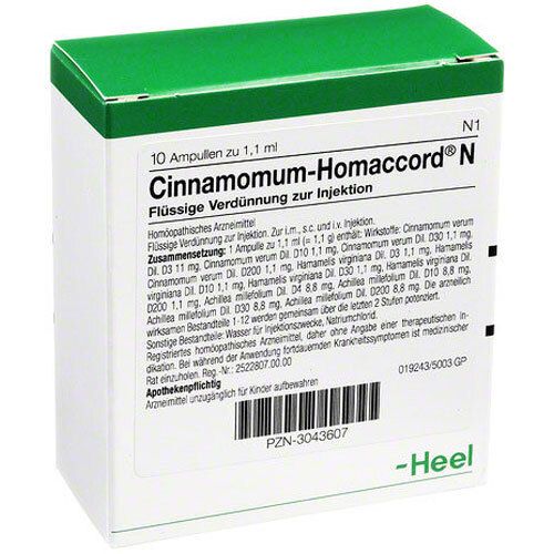 Karton mit 10 Ampullen Cinnamomum-Homaccord N. Grüne und weiße Verpackung. Text: Flüssige Verdünnung zur Injektion.
