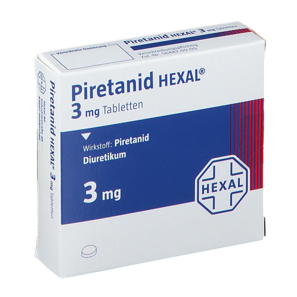 Weiße Schachtel mit Aufschrift "Piretanid HEXAL 3 mg Tabletten". Enthält Informationen zu Wirkstoff und Dosierung. HEXAL-Logo.