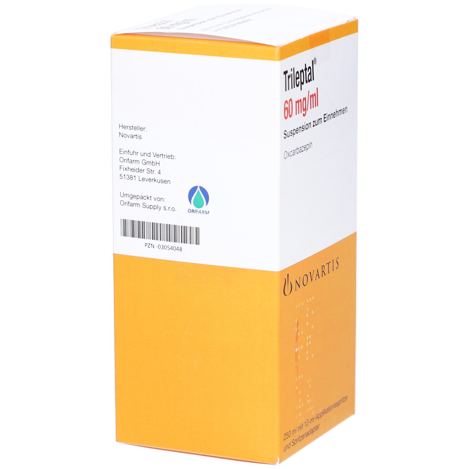 Verpackung von Trileptal 60 mg/ml. Aufschrift: Suspension zum Einnehmen, Oxcarbazepin. Novartis-Logo. Enthält Applikationsspritze.
