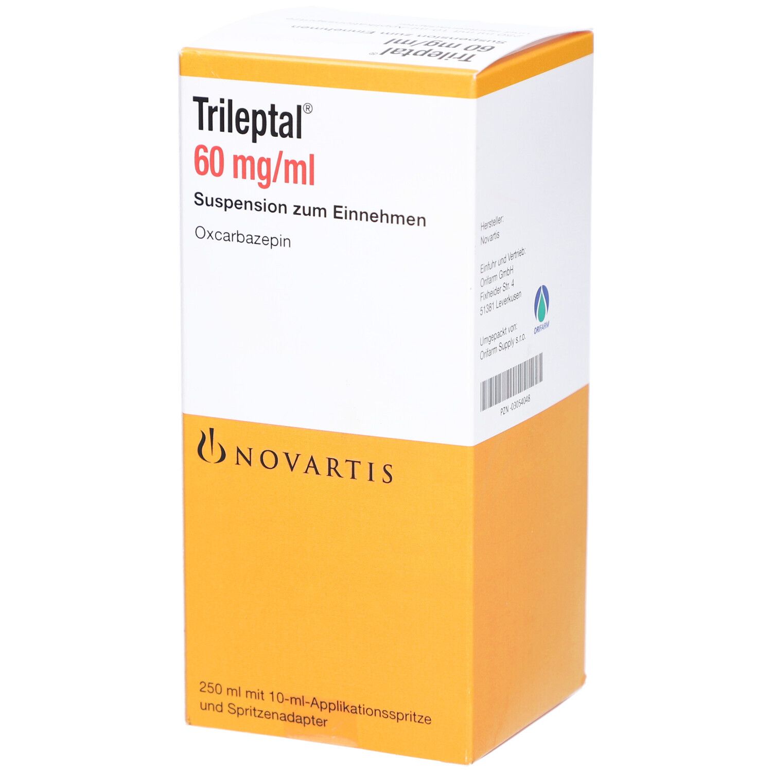 Verpackung von Trileptal 60 mg/ml. Aufschrift: Suspension zum Einnehmen, Oxcarbazepin. Novartis-Logo. Enthält Applikationsspritze.