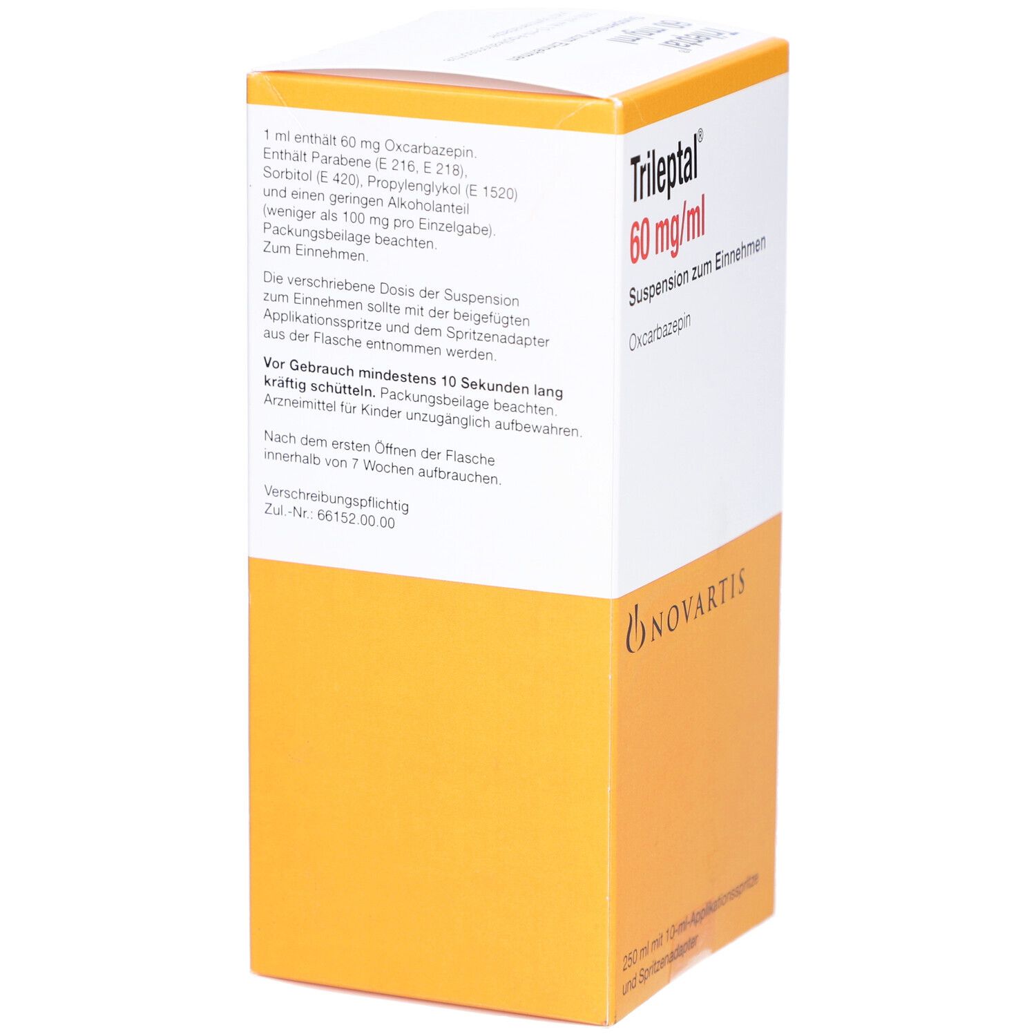 Verpackung von Trileptal 60 mg/ml. Aufschrift: Suspension zum Einnehmen, Oxcarbazepin. Novartis-Logo. Enthält Applikationsspritze.