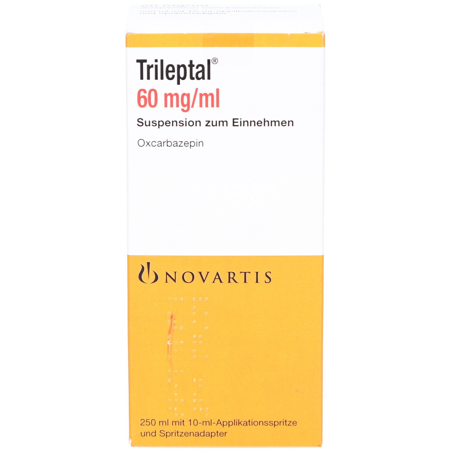 Verpackung von Trileptal 60 mg/ml. Aufschrift: Suspension zum Einnehmen, Oxcarbazepin. Novartis-Logo. Enthält Applikationsspritze.