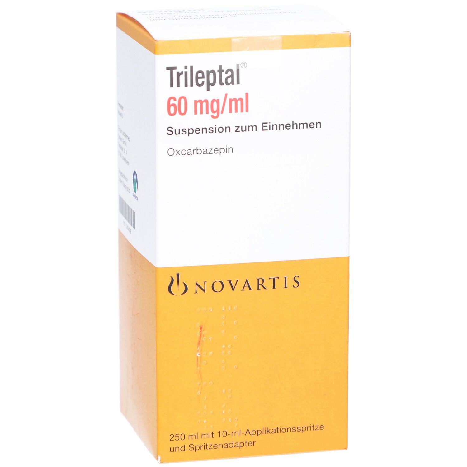 Verpackung von Trileptal 60 mg/ml. Aufschrift: Suspension zum Einnehmen, Oxcarbazepin. Novartis-Logo. Enthält Applikationsspritze.