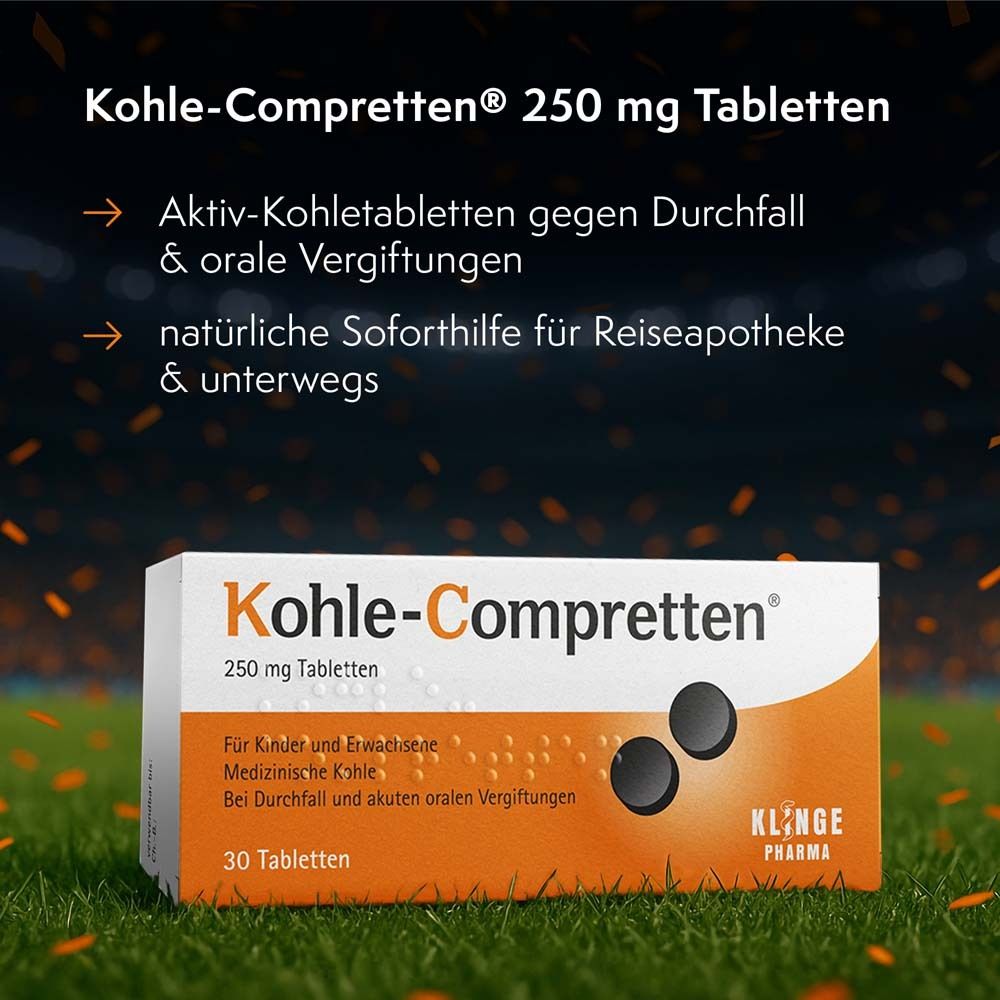 Kohle-Compretten®-Packung. Text: 250 mg Tabletten. Aktiv-Kohletabletten gegen Durchfall & orale Vergiftungen. Natürliche Soforthilfe.