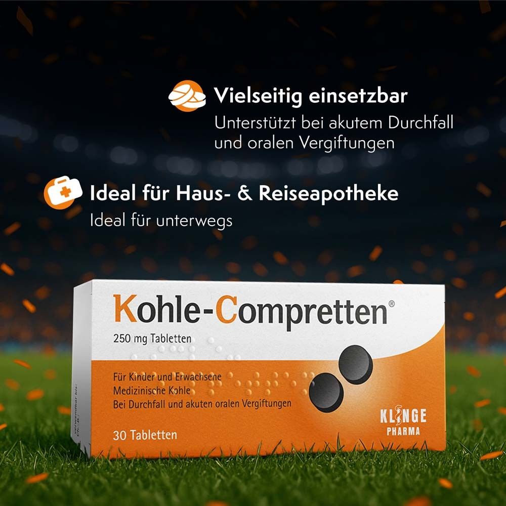 Kohle-Compretten®-Packung. Text: Vielseitig einsetzbar. Ideal für Haus- & Reiseapotheke. Ideal für unterwegs.