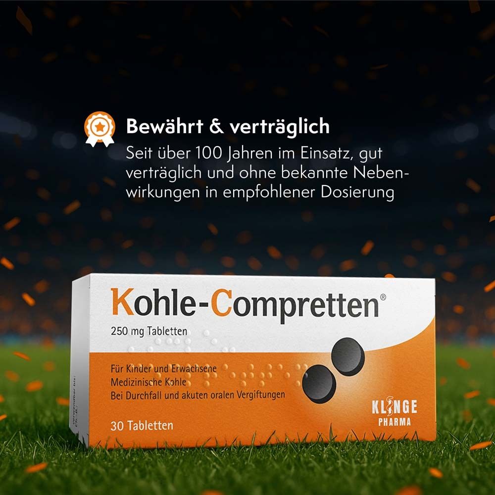 Kohle-Compretten®-Packung. Text: Bewährt & verträglich. Seit über 100 Jahren im Einsatz, gut verträglich...