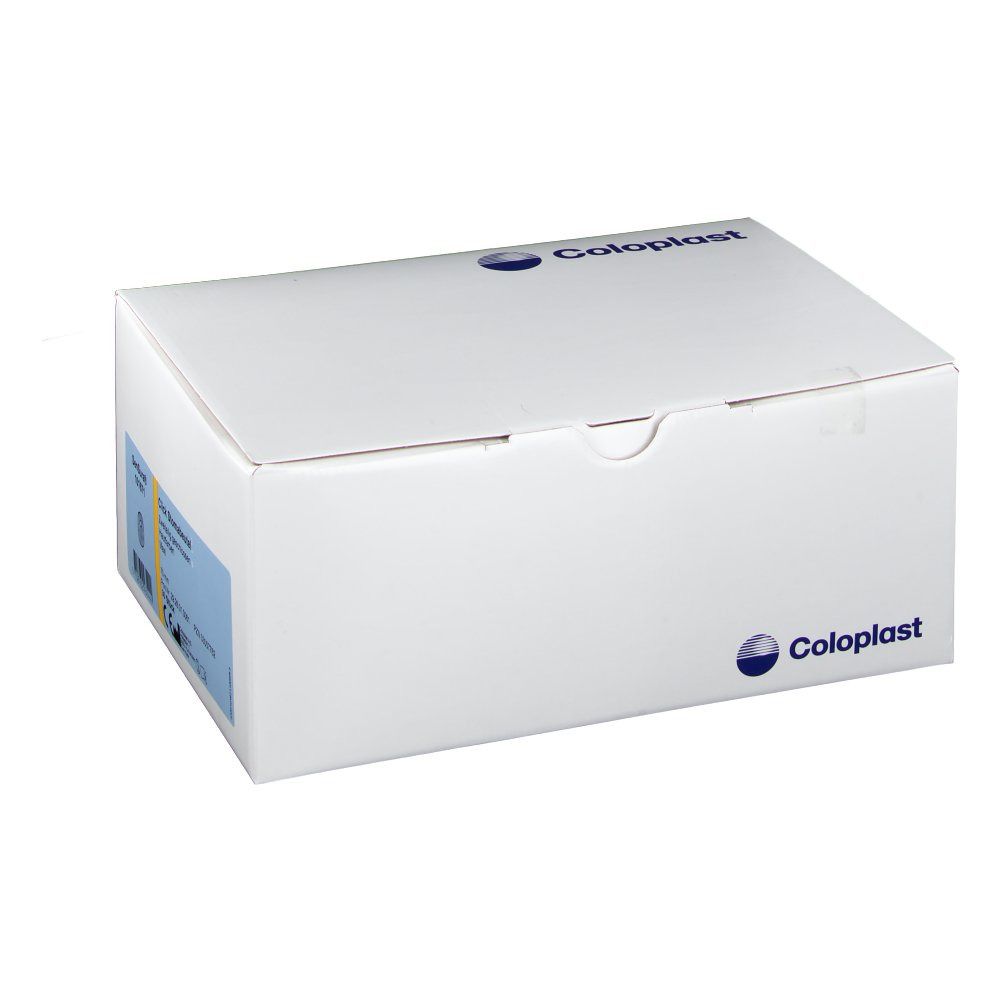 Weiße Verpackung mit Coloplast-Logo. Blaue Details. 