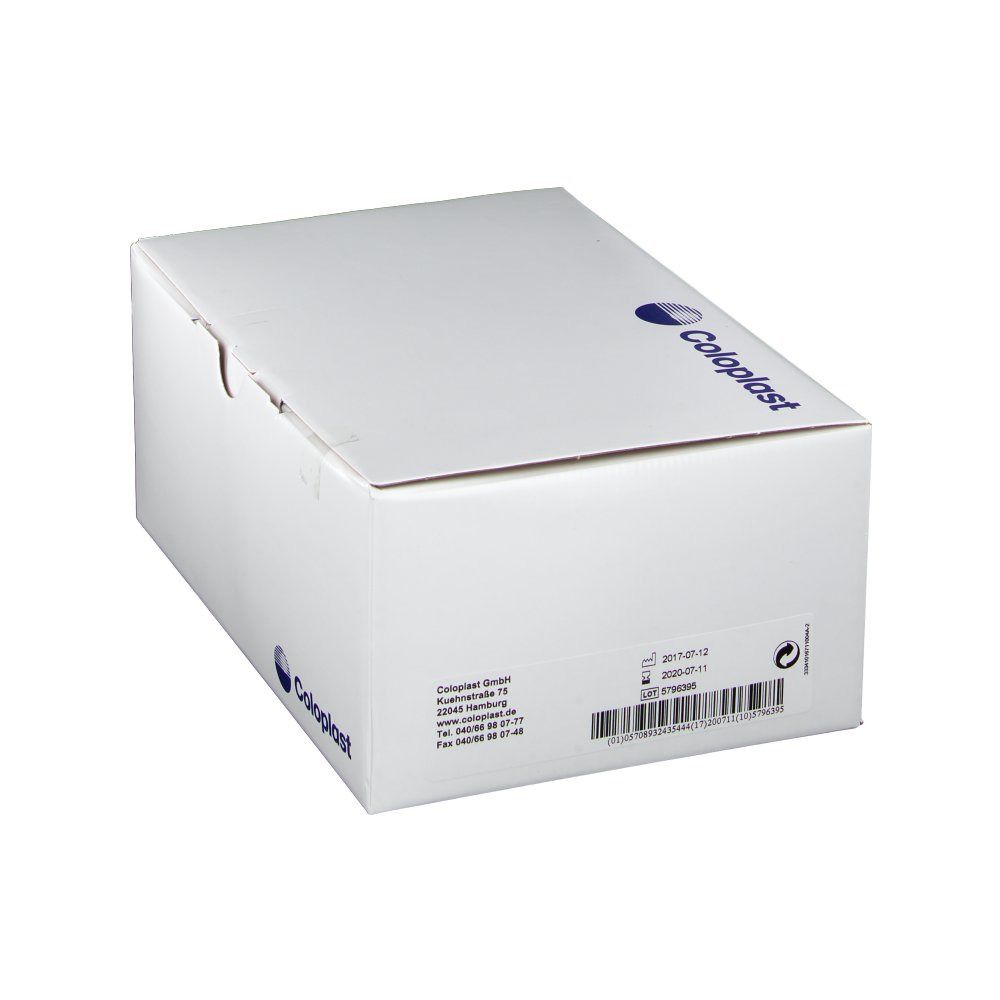 Weiße Verpackung mit Coloplast-Logo. Blaue Details. Text und Barcode.