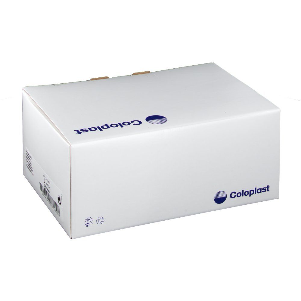 Weiße Verpackung mit Coloplast-Logo. Blaue Details. Text und Symbole.
