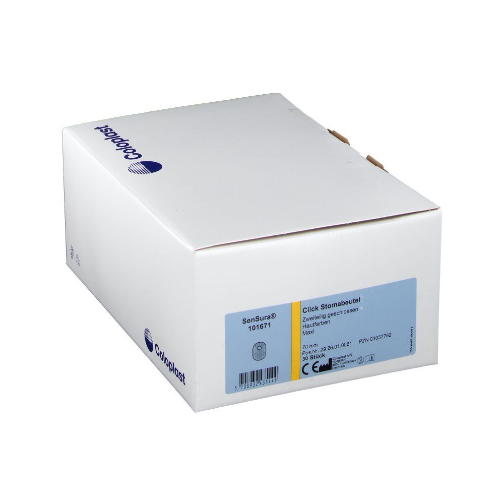 Weiße Verpackung mit Coloplast-Logo. Blaue Details. Produktname und Größenangabe.