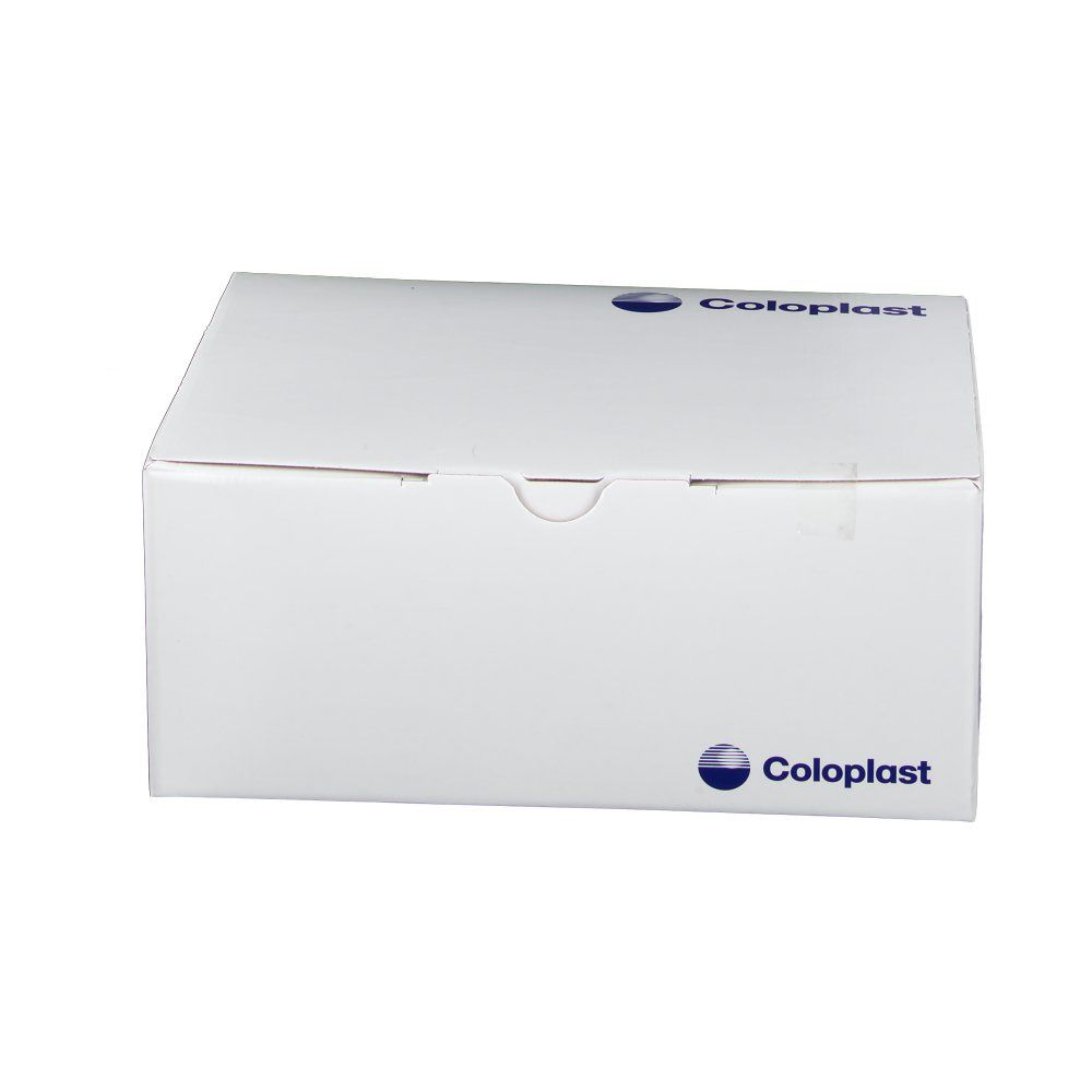 Weiße Verpackung mit Coloplast-Logo. Blaue Details.