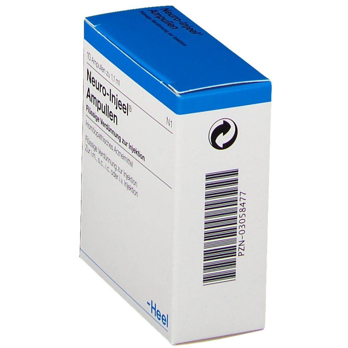 Schachtel "Neuro-Injeel® Ampullen" in Schrägansicht. Blaue Oberseite, weiße Seiten. Barcode und Text.