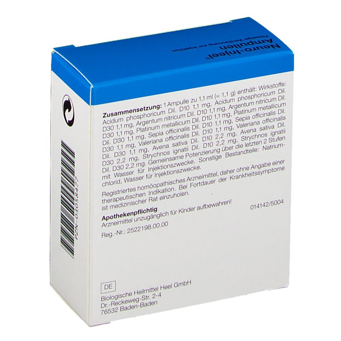 Rückseite der Schachtel "Neuro-Injeel® Ampullen". Text mit Inhaltsstoffen und Herstellerinformationen.