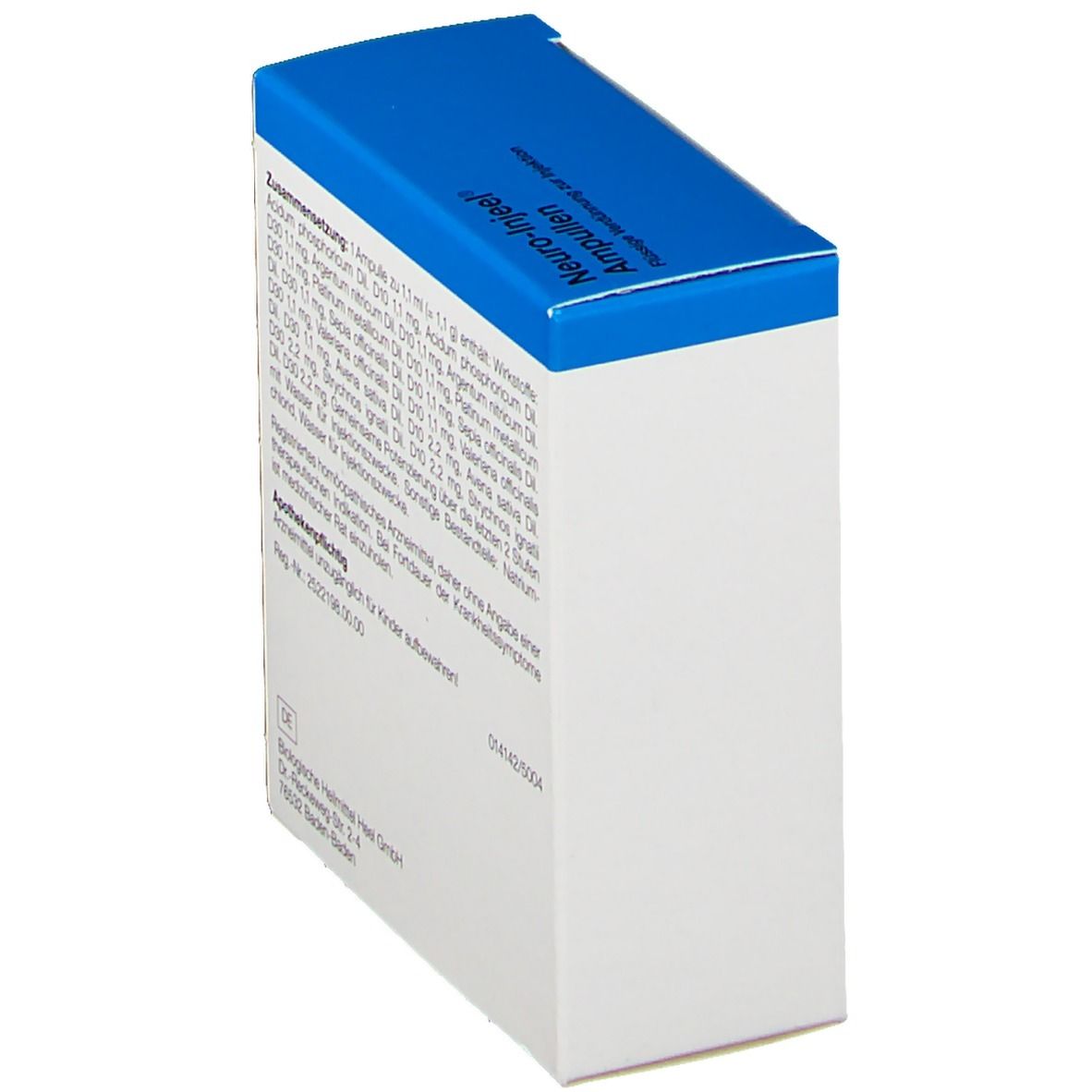 Schachtel "Neuro-Injeel® Ampullen" in Schrägansicht. Text mit Inhaltsstoffen und Herstellerinformationen.