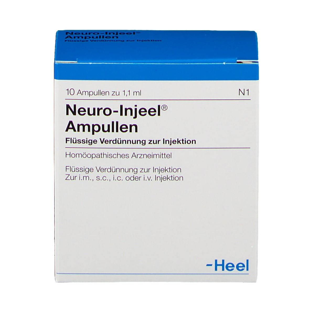 Vorderseite der Schachtel "Neuro-Injeel® Ampullen". Blaue Oberseite, weiße Vorderseite. Text.