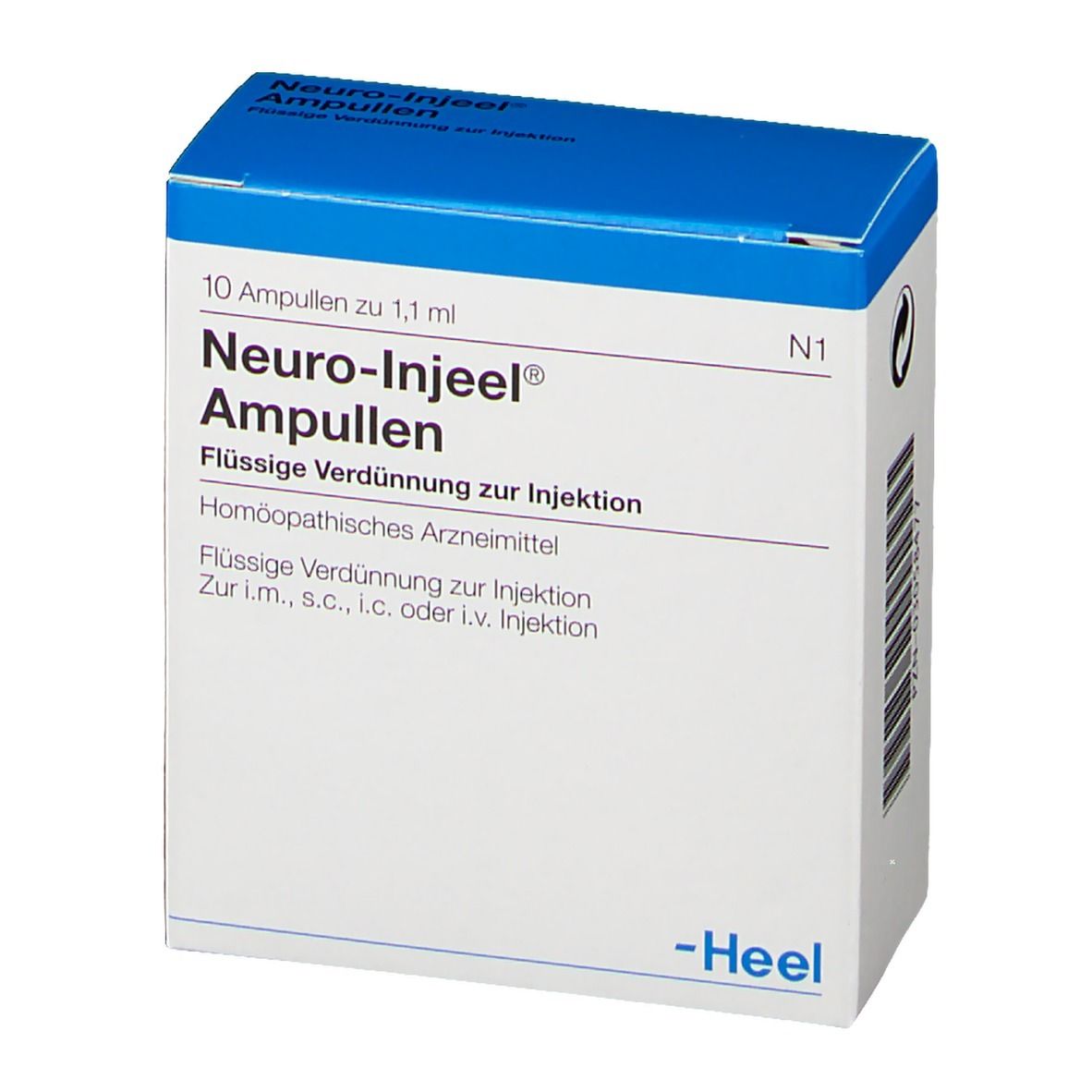 Vorderseite der Schachtel "Neuro-Injeel® Ampullen". Blaue Oberseite, weiße Vorderseite. Text.
