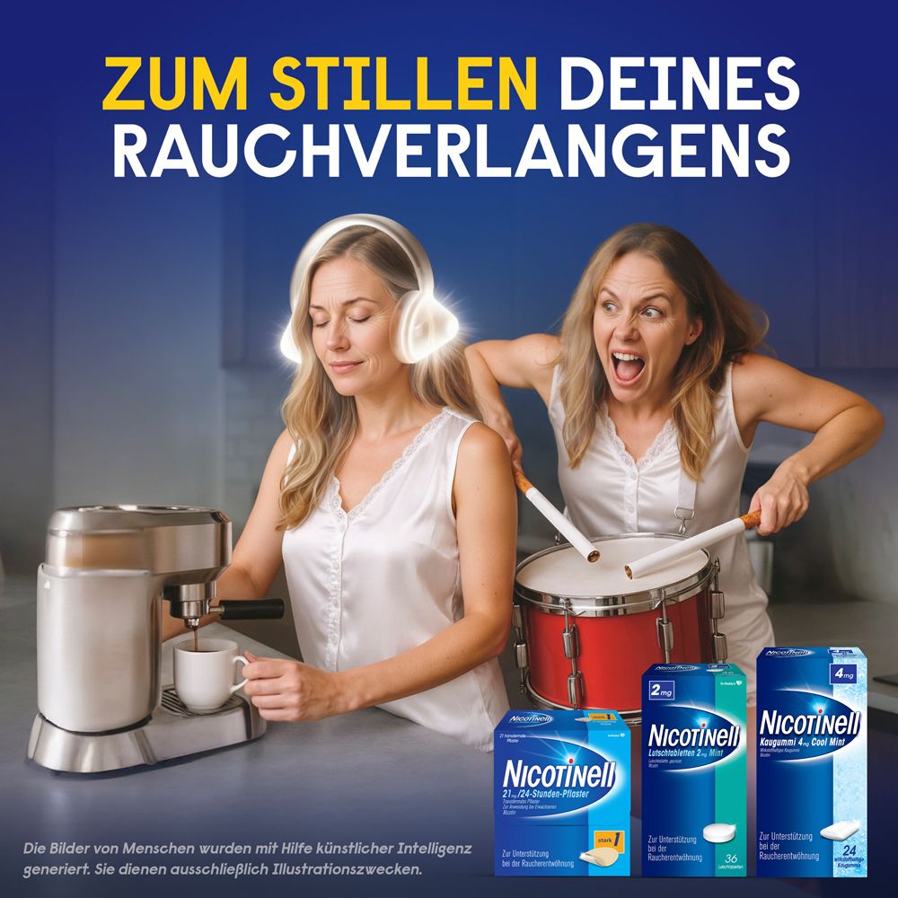 Frauen mit Kopfhörern und Trommel. Produkte: 2 mg Lutschtabletten, 21/24-Stunden-Pflaster, 4 mg Kaugummi. Text: Zum Stillen deines Rauchverlangens.