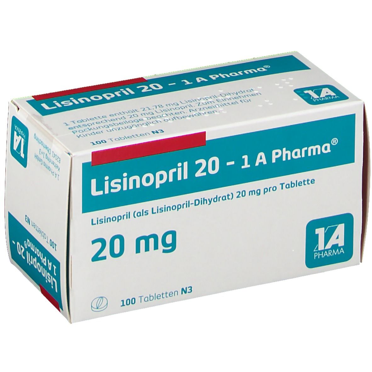 Schachtel LISINOPRIL 20-1 A Pharma. Aufschrift: 20 mg, 100 Tabletten. Weiß, blau und grün. 1A Pharma Logo.