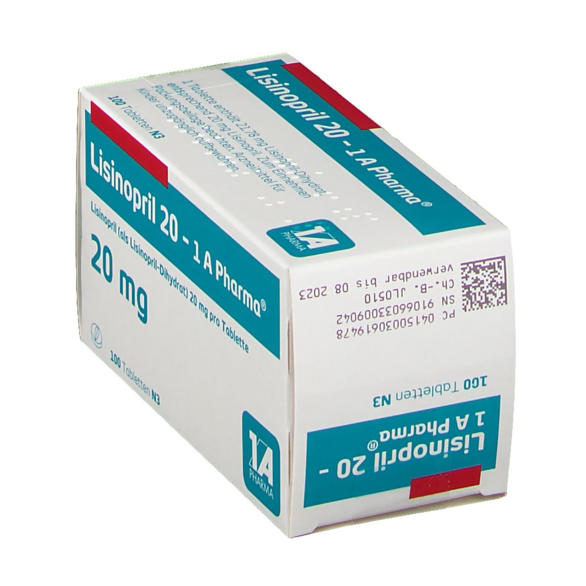 Schachtel LISINOPRIL 20-1 A Pharma. Aufschrift: 20 mg, 100 Tabletten. Weiß, blau und grün. 1A Pharma Logo.