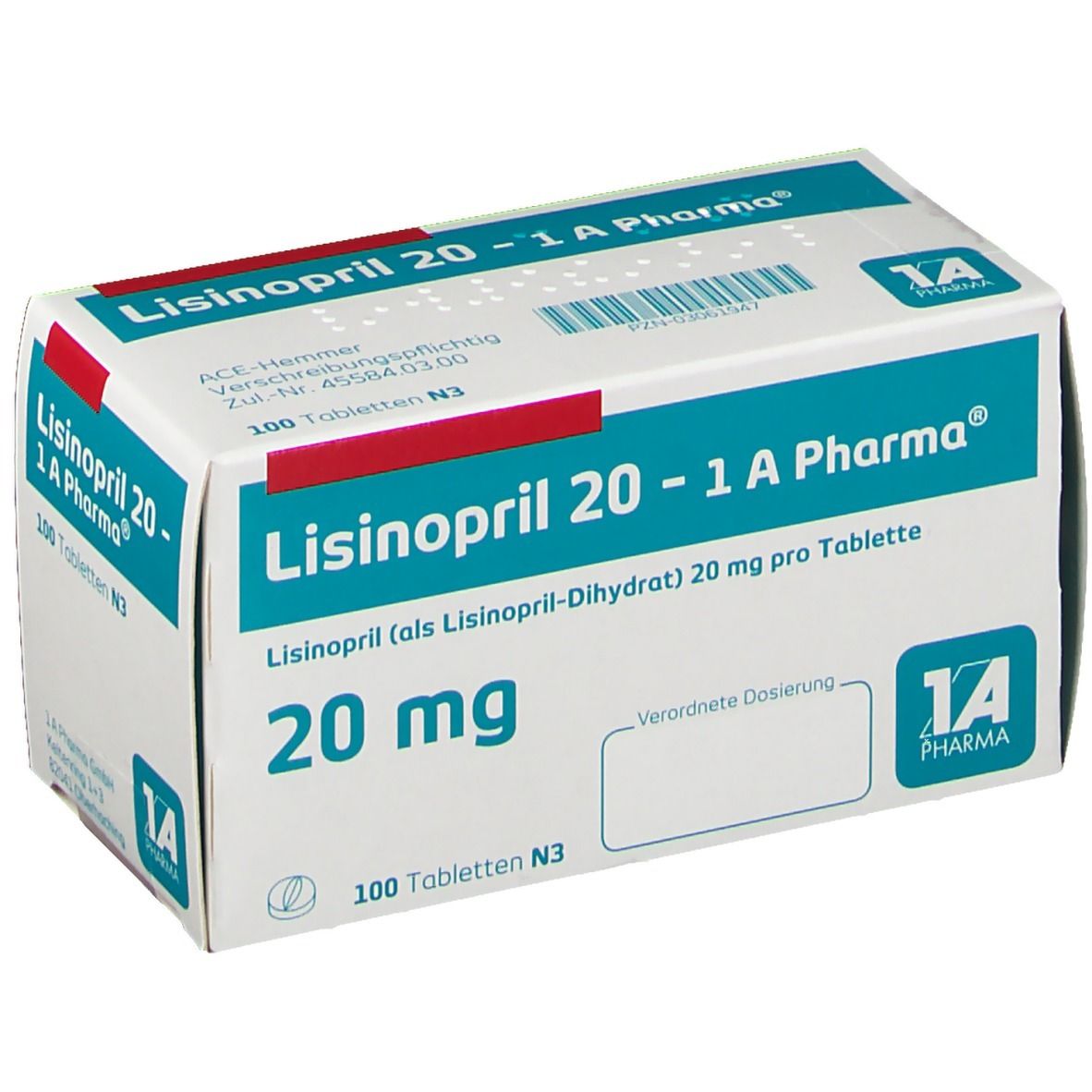 Schachtel LISINOPRIL 20-1 A Pharma. Aufschrift: 20 mg, 100 Tabletten. Weiß, blau und grün. 1A Pharma Logo.