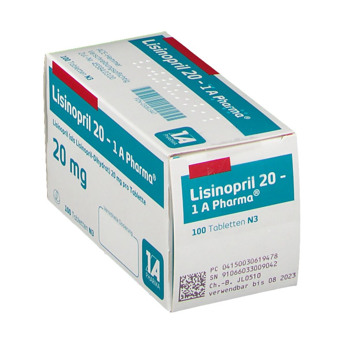 Schachtel LISINOPRIL 20-1 A Pharma. Aufschrift: 20 mg, 100 Tabletten. Weiß, blau und grün. 1A Pharma Logo.