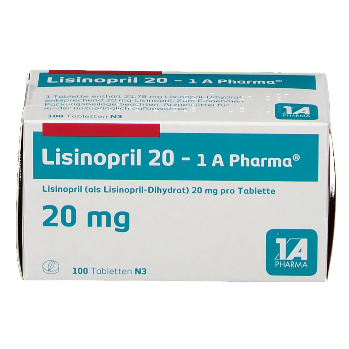 Schachtel LISINOPRIL 20-1 A Pharma. Aufschrift: 20 mg, 100 Tabletten. Weiß, blau und grün. 1A Pharma Logo.