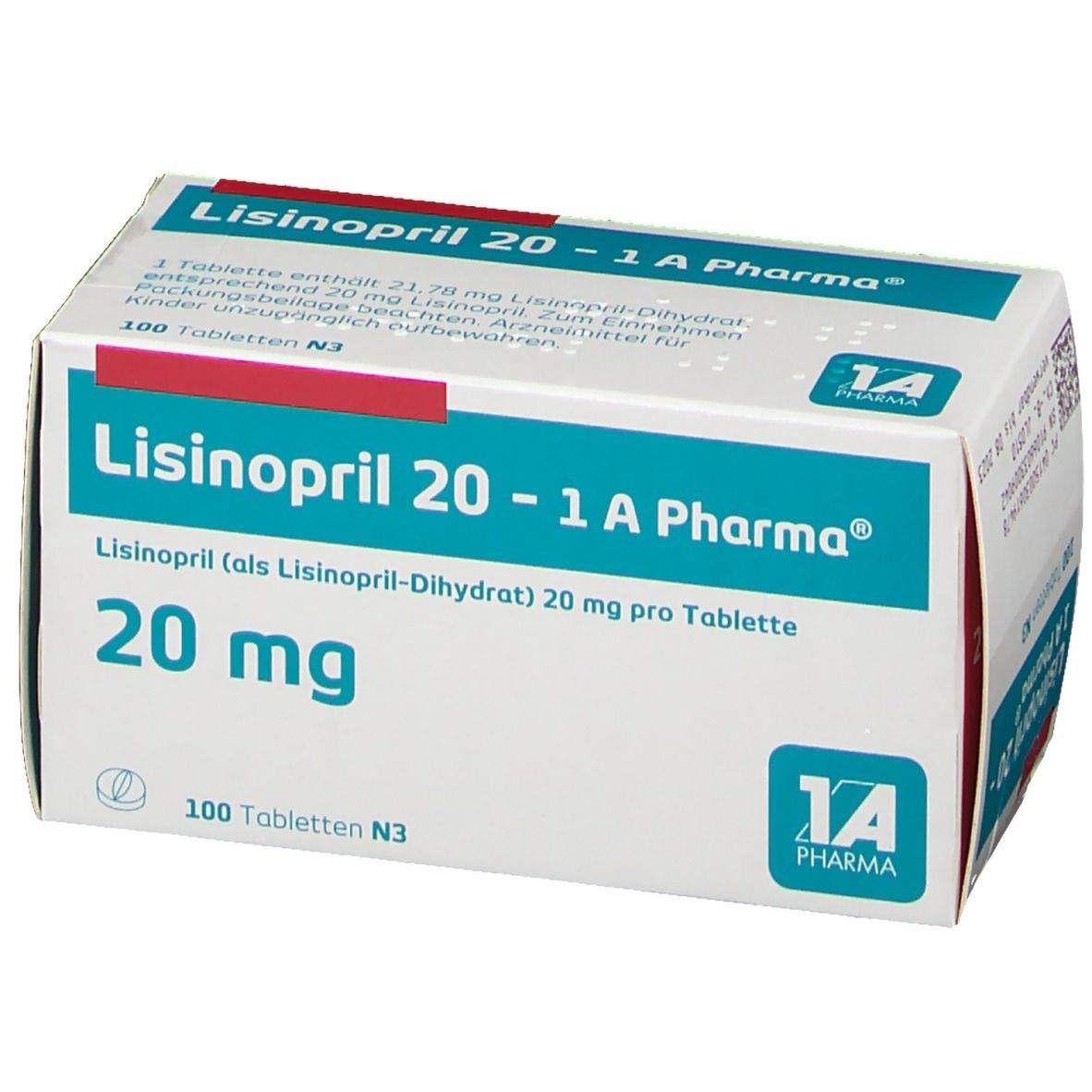 Schachtel LISINOPRIL 20-1 A Pharma. Aufschrift: 20 mg, 100 Tabletten. Weiß, blau und grün. 1A Pharma Logo.