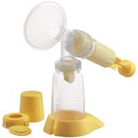 Manuelle Brustpumpe mit gelben und transparenten Komponenten. Enthält Flasche, Trichter, Griff und Zubehör.