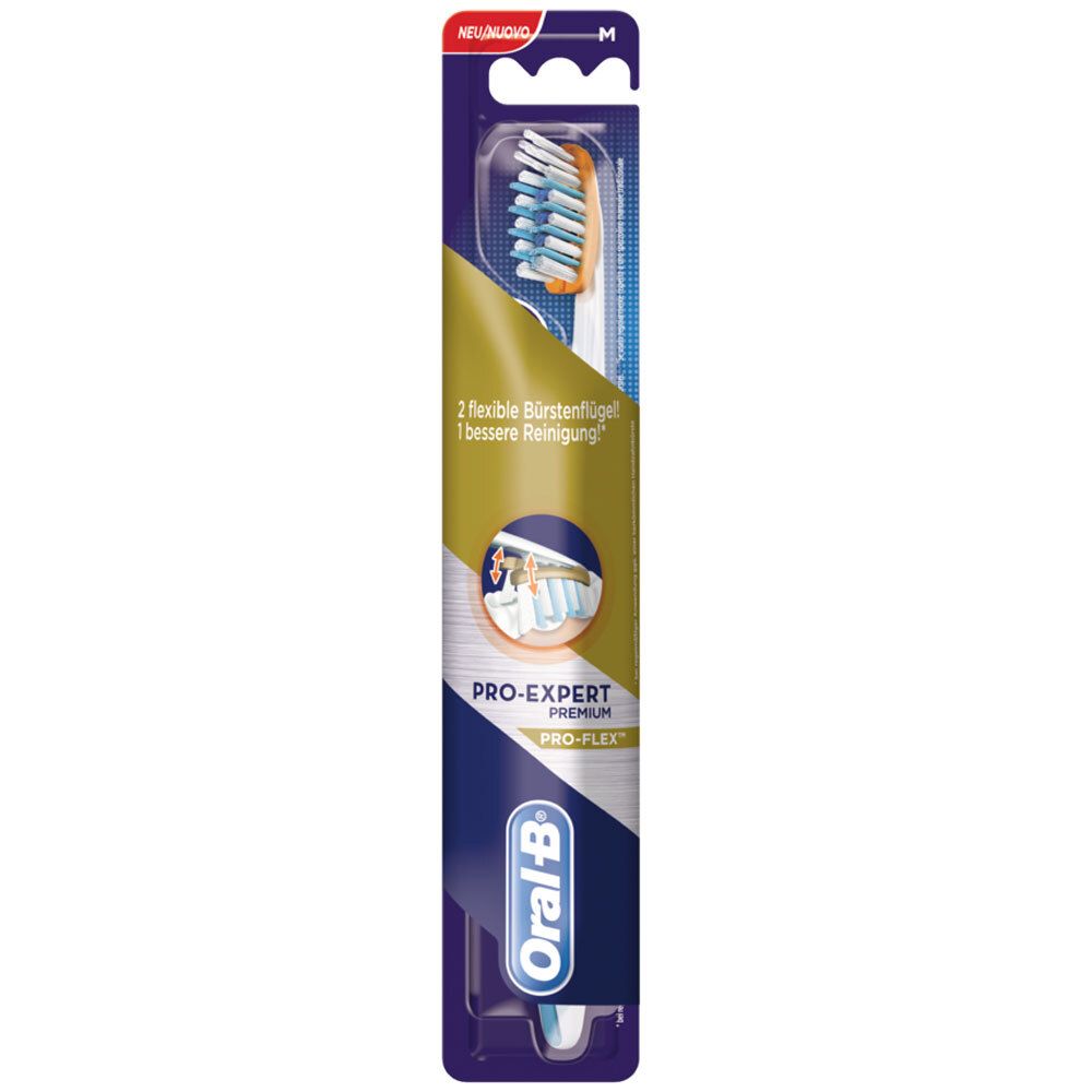 Zahnbürste in Verpackung. Blaue, weiße und orangefarbene Borsten. Aufschrift: PRO-EXPERT PREMIUM PRO-FLEX, Oral-B.