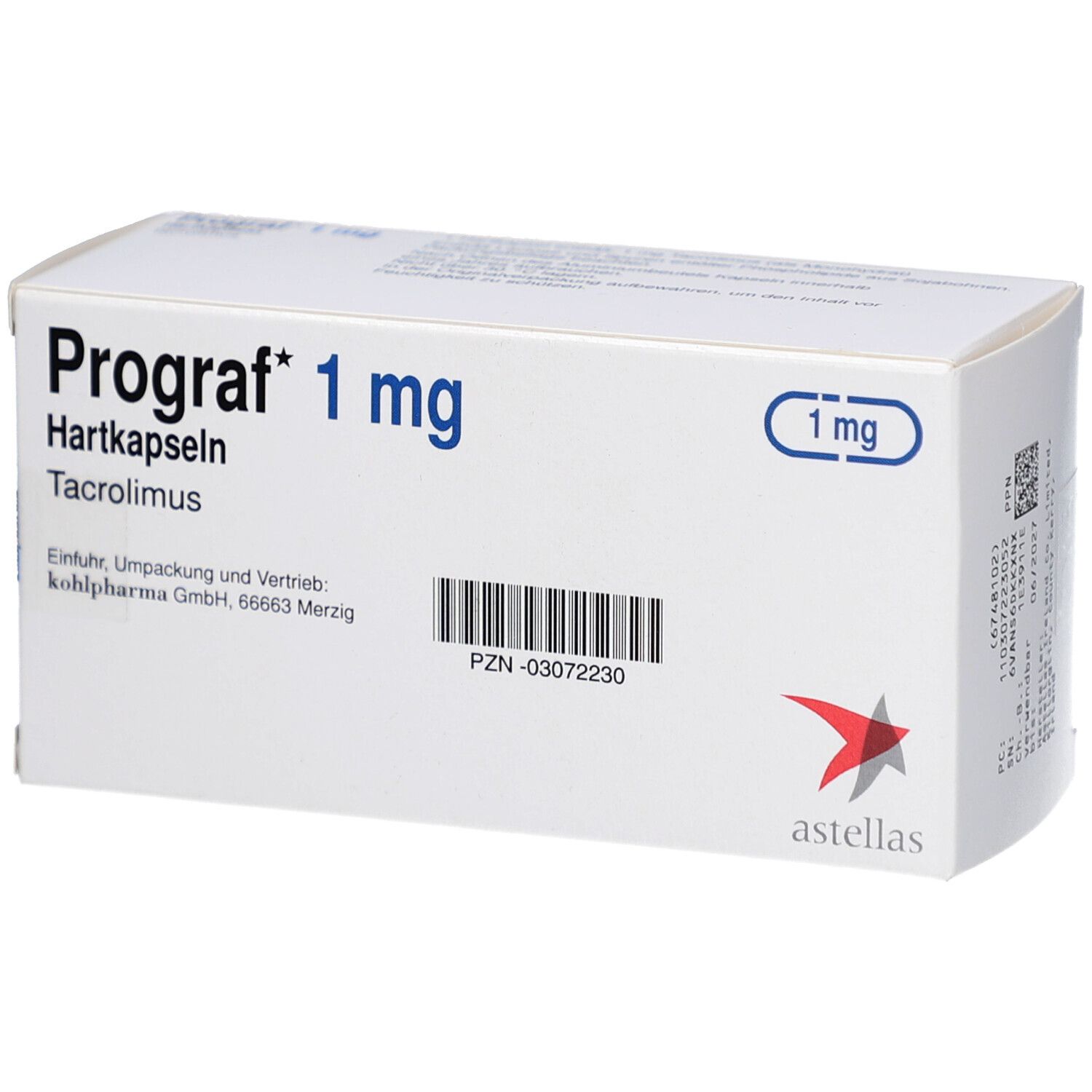 Schachtel PROGRAF 1 mg Hartkapseln. Aufschrift: 90 Hartkapseln. Barcode. Logo Astellas. 1 mg-Kennzeichnung.