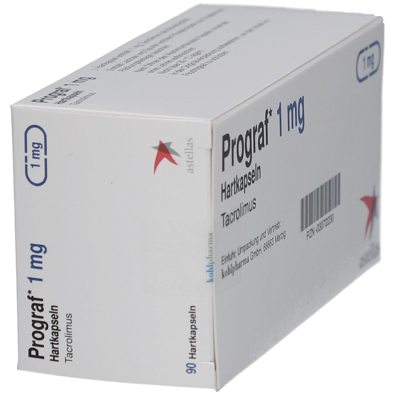 Schachtel PROGRAF 1 mg Hartkapseln. Logo Astellas. 1 mg-Kennzeichnung. Seitenansicht.
