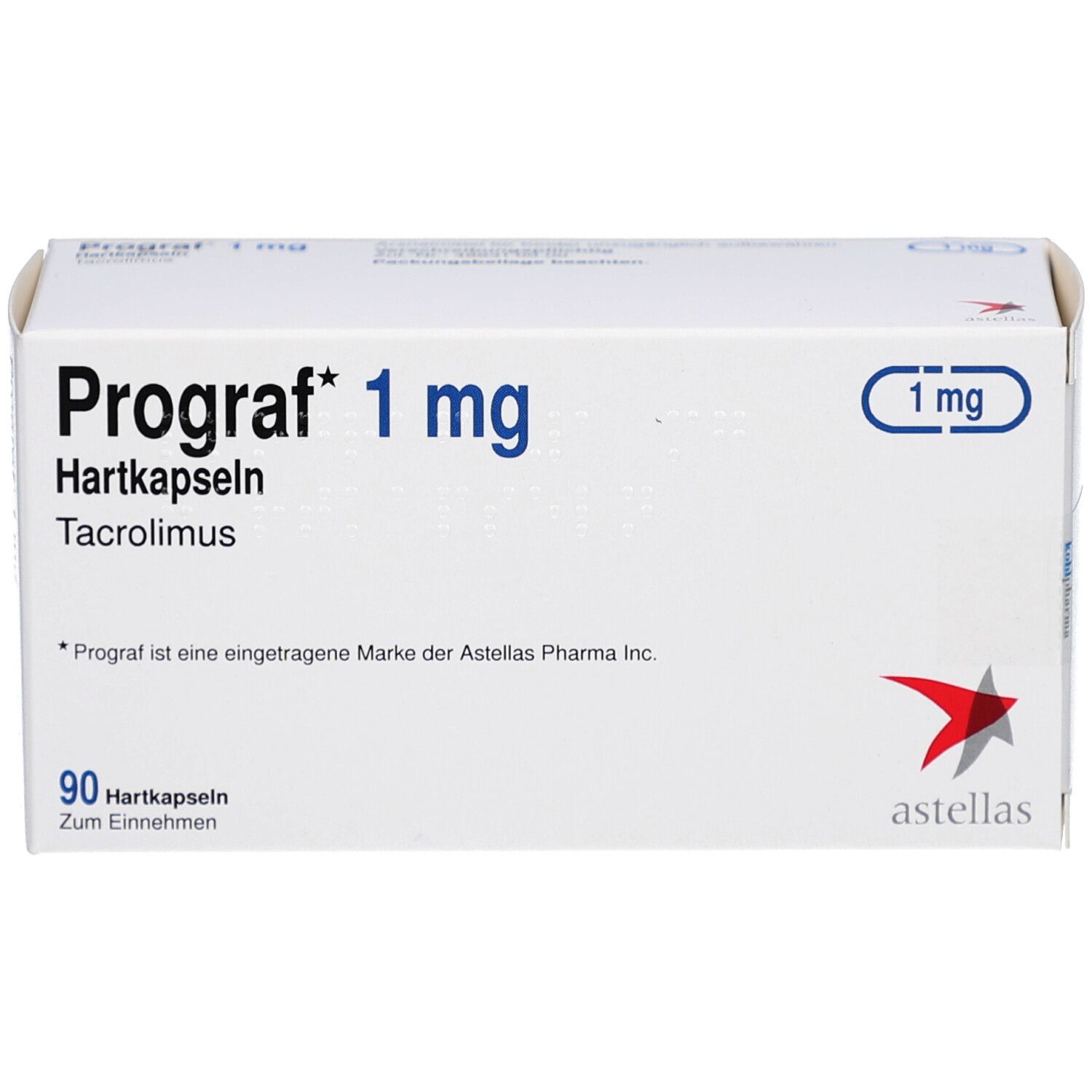 Schachtel PROGRAF 1 mg Hartkapseln. Aufschrift: 90 Hartkapseln. Logo Astellas. 1 mg-Kennzeichnung.