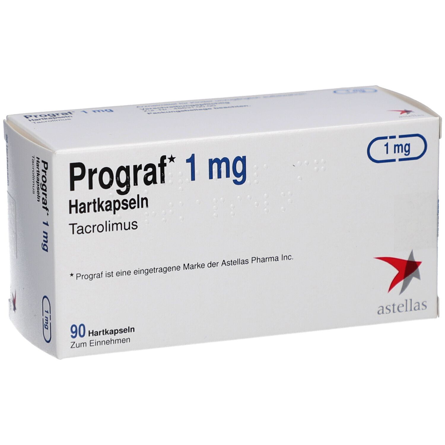 Schachtel PROGRAF 1 mg Hartkapseln. Aufschrift: 90 Hartkapseln. Logo Astellas. 1 mg-Kennzeichnung. Seitenansicht.