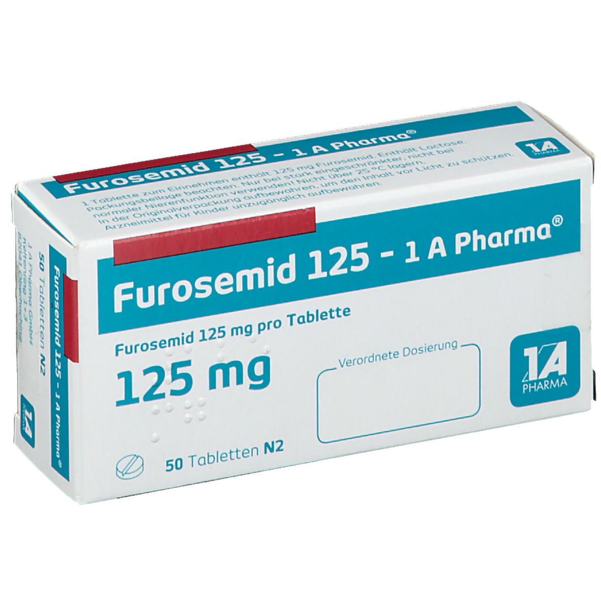 Schachtel mit FUROSEMID 125-1 A Pharma. Aufschrift: 125 mg, 50 Tabletten N2. Logo 1A Pharma.