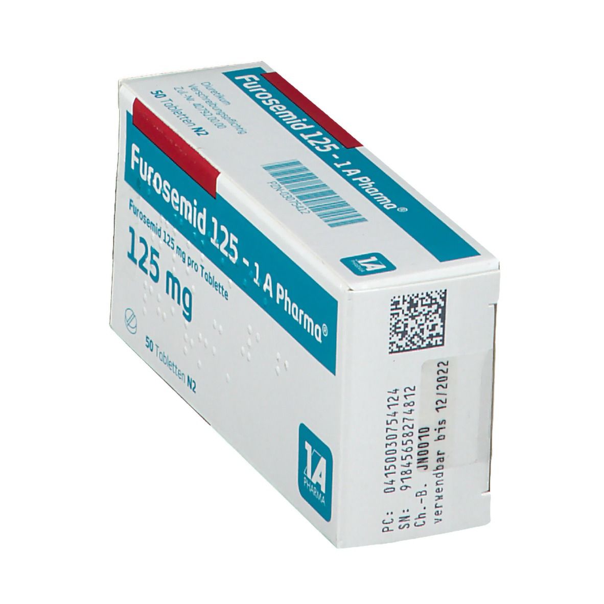 Schachtel FUROSEMID 125-1 A Pharma. Aufschrift: 125 mg, 50 Tabletten N2. Logo 1A Pharma. Verfallsdatum 12/2022.