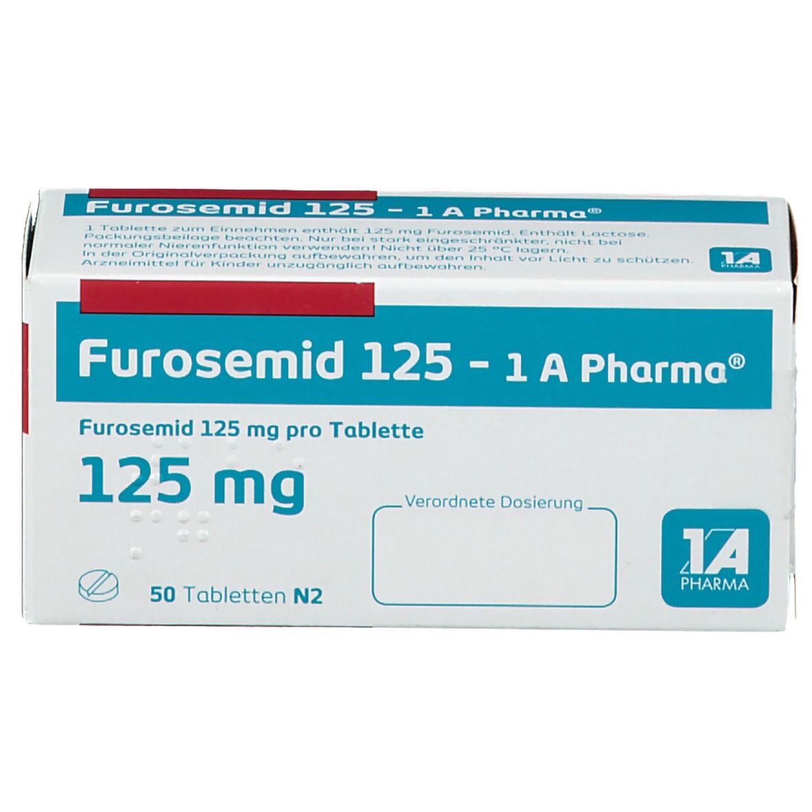 Schachtel mit FUROSEMID 125-1 A Pharma. Aufschrift: 125 mg, 50 Tabletten N2. Logo 1A Pharma.