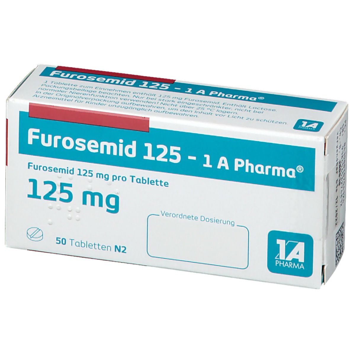 Schachtel FUROSEMID 125-1 A Pharma. Aufschrift: 125 mg, 50 Tabletten N2. Logo 1A Pharma. Verfallsdatum 12/2022.
