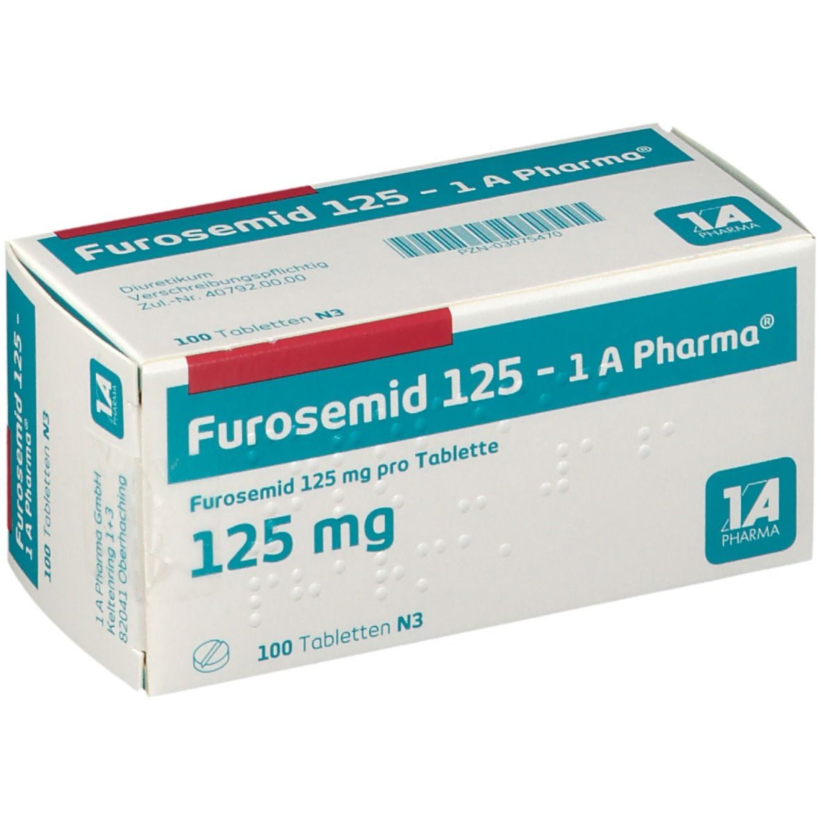 Schachtel mit FUROSEMID 125 - 1 A Pharma. Aufschrift: 125 mg, 100 Tabletten N3. Rote und blaue Akzente.