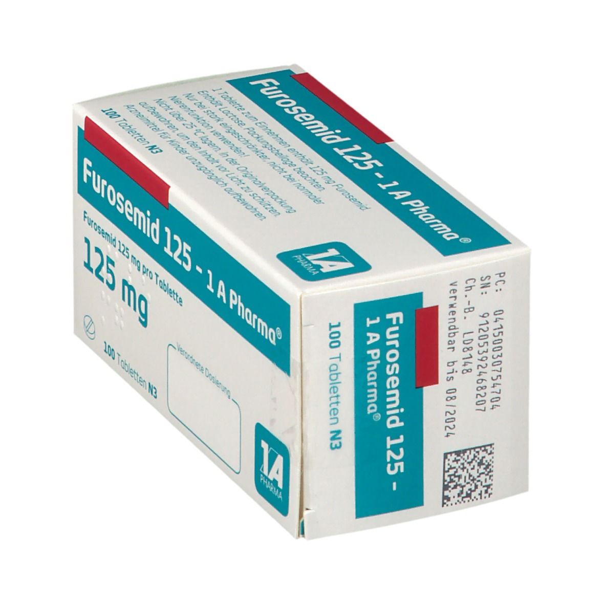 Schachtel FUROSEMID 125 - 1 A Pharma, schräg. Aufschrift: 125 mg, 100 Tabletten N3. QR-Code und Verfallsdatum.