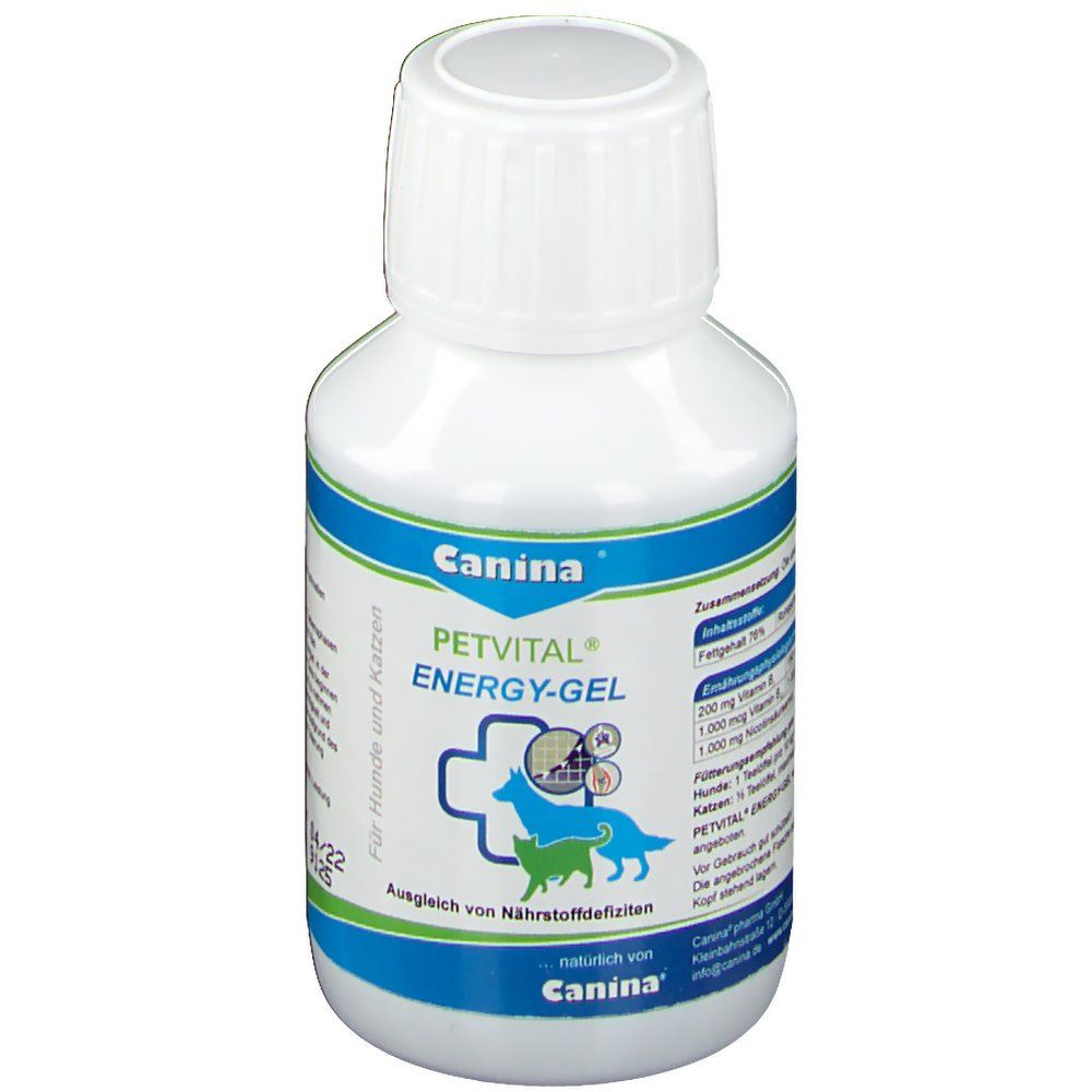 Weiße Flasche mit blau-grüner Banderole. Aufschrift: Canina PETVITAL ENERGY-GEL. Abbildung von Hund und Katze. Für Hunde und Katzen.